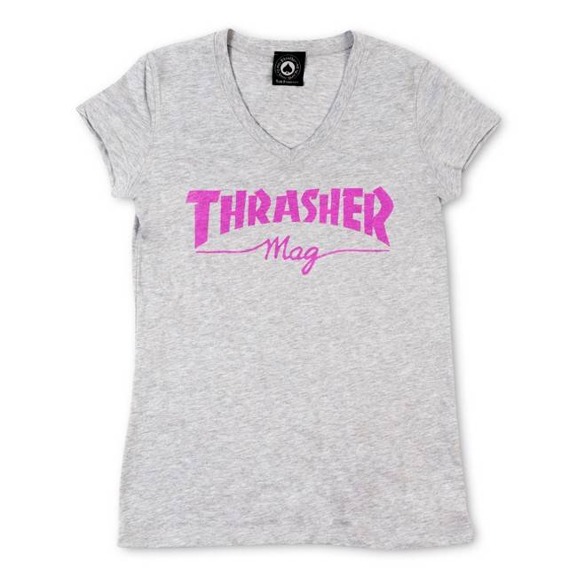 Girls Thrasher Mag Logo V-Neck T-Shirt(Gray) - SkateTillDeath.com